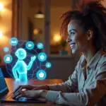 Счастливый клиент интернет-магазина общается с AI-чат-ботом на экране ноутбука в современном технологическом окружении