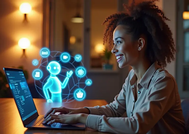 Счастливый клиент интернет-магазина общается с AI-чат-ботом на экране ноутбука в современном технологическом окружении
