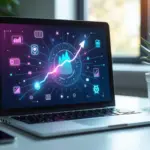 Интерфейс современного интернет-магазина на экране ноутбука с элементами графики, символизирующими технологии ИИ, API соединения, чатботы и графики роста продаж, значки простоты интеграции