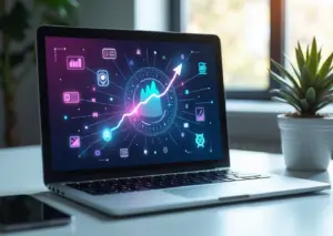 Интерфейс современного интернет-магазина на экране ноутбука с элементами графики, символизирующими технологии ИИ, API соединения, чатботы и графики роста продаж, значки простоты интеграции