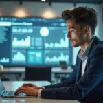 Современный офис с маркетологом, работающим с AI-платформой для email-маркетинга, отображающей сегментацию базы, автоматическое создание писем и аналитические графики открываемости.