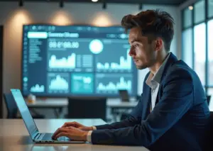 Современный офис с маркетологом, работающим с AI-платформой для email-маркетинга, отображающей сегментацию базы, автоматическое создание писем и аналитические графики открываемости.