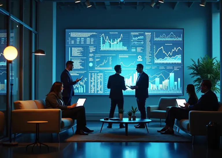 Офисные специалисты анализируют данные предиктивной аналитики на большом экране для улучшения онлайн-продаж