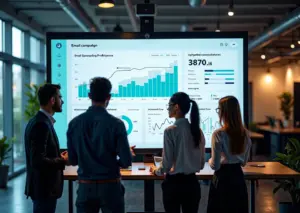 Офис маркетинговой команды использующей искусственный интеллект для оптимизации времени отправки писем и повышения открываемости