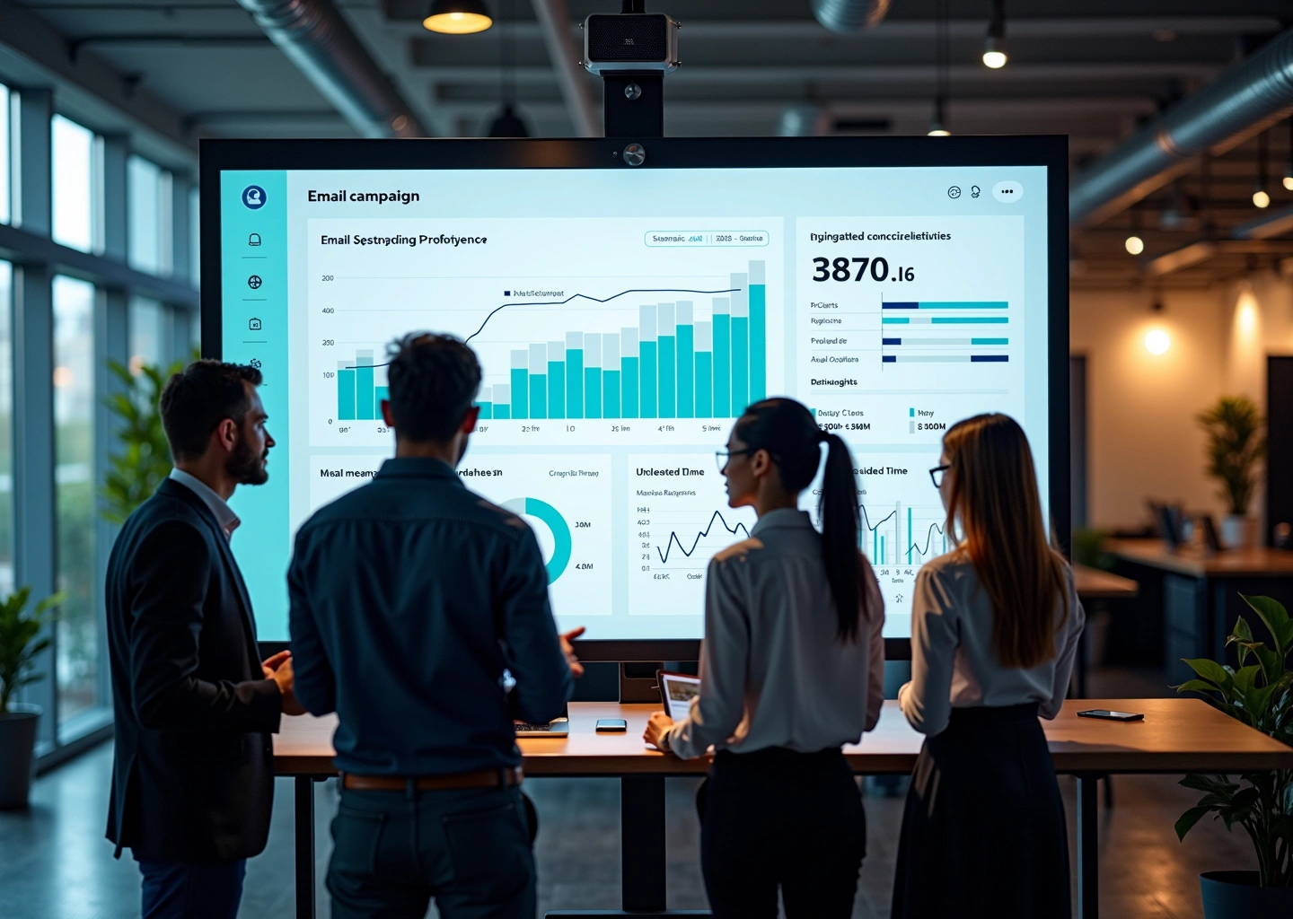 Офис маркетинговой команды использующей искусственный интеллект для оптимизации времени отправки писем и повышения открываемости