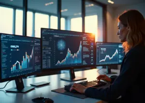 Цифровой рабочий стол с панелями AI-аналитики, сегментированными профилями клиентов и графиками роста онлайн-продаж