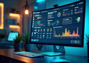 Современный рабочий стол с монитором, на котором отображается дашборд анализа тональности отзывов клиентов с графиками эмоций, окружение связано с онлайн-покупками и технологиями