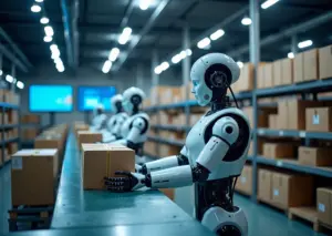 Современный склад интернет-магазина в России с роботами и системами на базе искусственного интеллекта, управляющими обработкой заказов и доставкой.