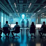 Современный офис с интерфейсом AI-чат-бота, интегрированного с CRM и базой знаний для онлайн-продаж