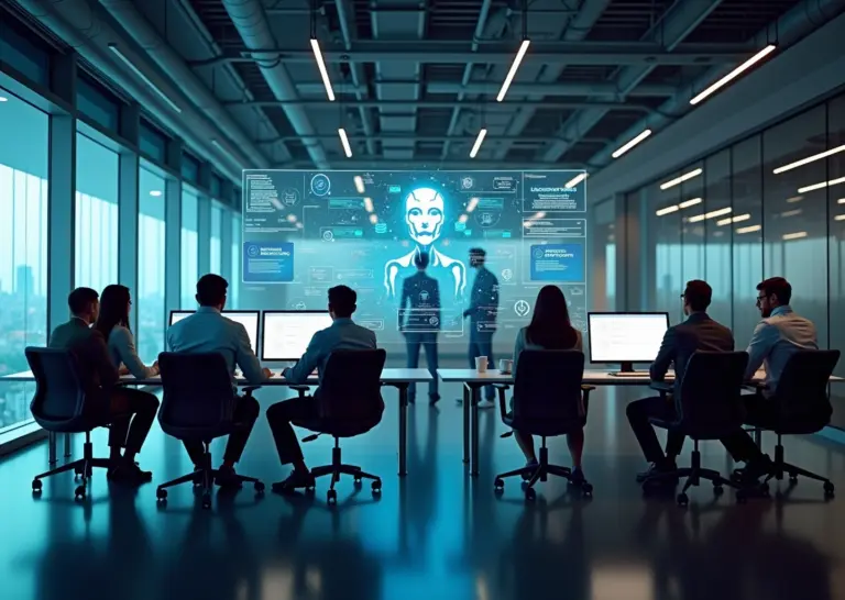 Современный офис с интерфейсом AI-чат-бота, интегрированного с CRM и базой знаний для онлайн-продаж