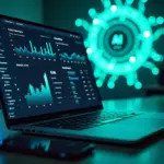 Маркетолог за ноутбуком с дашбордом оптимизации ставок в реальном времени, графики, визуализация AI и маленький стикер Yandex на клавиатуре