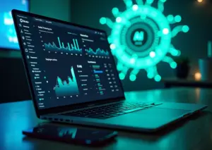 Маркетолог за ноутбуком с дашбордом оптимизации ставок в реальном времени, графики, визуализация AI и маленький стикер Yandex на клавиатуре