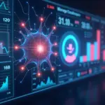 Футуристический интерфейс с визуализацией данных и нейронной сетью для предиктивного анализа LTV в электронной коммерции.