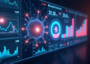 Футуристический интерфейс с визуализацией данных и нейронной сетью для предиктивного анализа LTV в электронной коммерции.