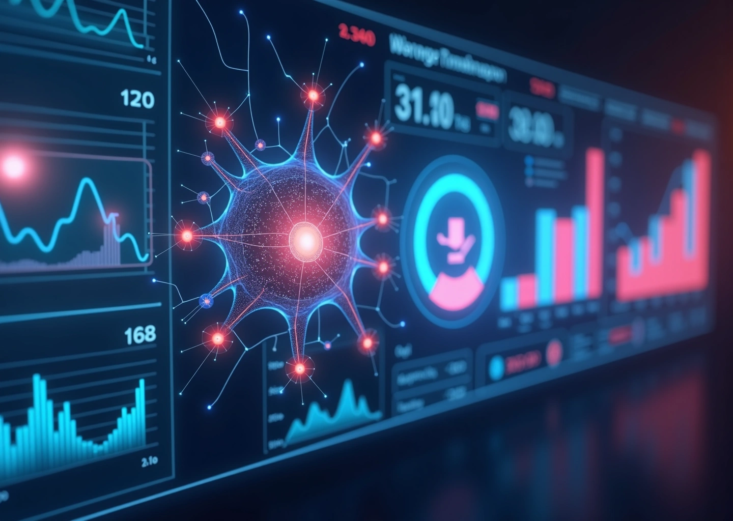 Футуристический интерфейс с визуализацией данных и нейронной сетью для предиктивного анализа LTV в электронной коммерции.