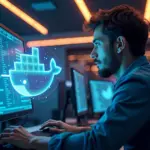 MLOps инженер работает с кодом на фоне стилизованного изображения контейнеров Docker и нейронных сетей.