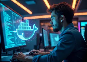 MLOps инженер работает с кодом на фоне стилизованного изображения контейнеров Docker и нейронных сетей.