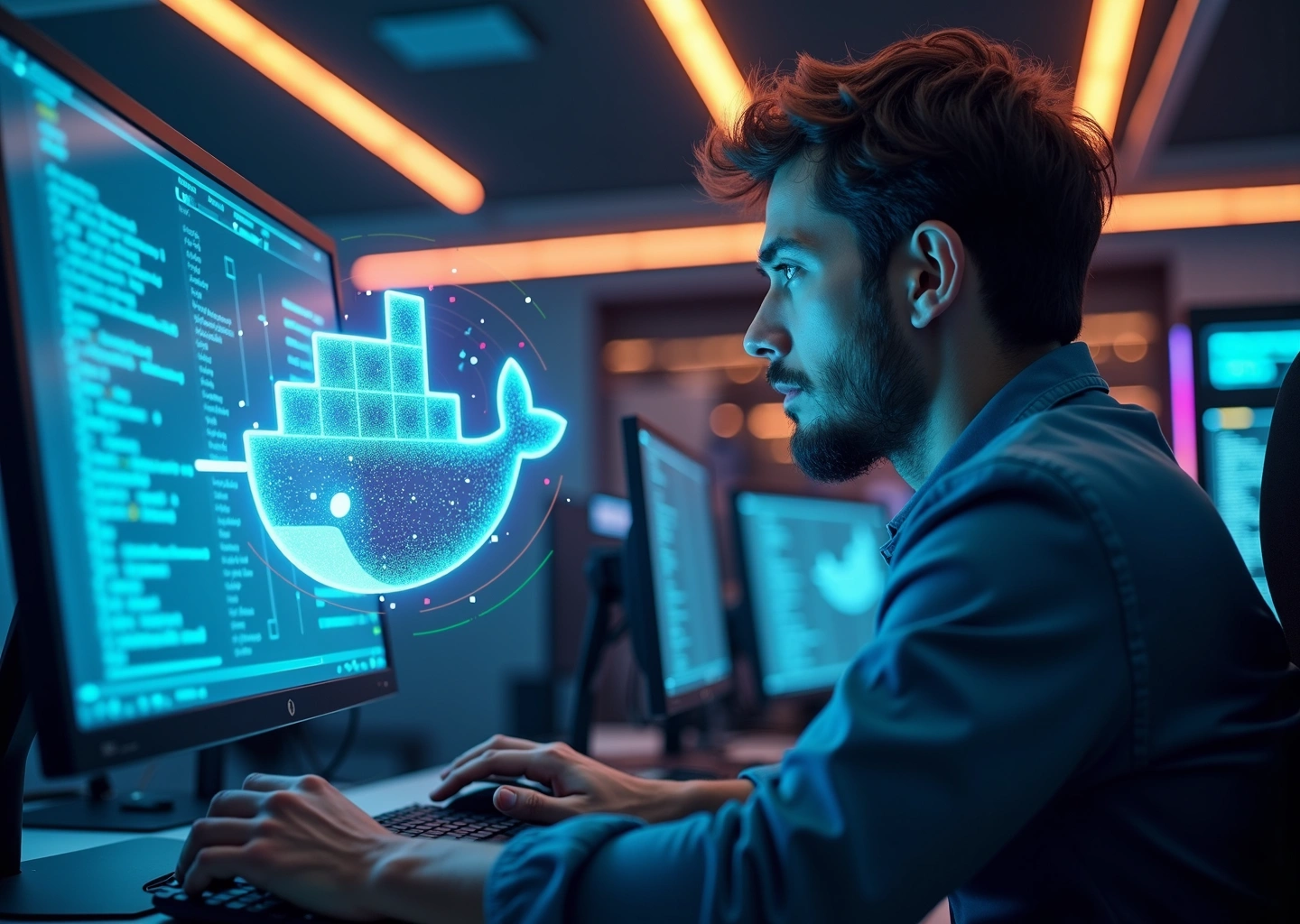 MLOps инженер работает с кодом на фоне стилизованного изображения контейнеров Docker и нейронных сетей.