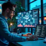 Маркетолог у монитора с визуализацией кластеров ключевых слов и нейросетевых эмбеддингов, графики SEO‑метрик и экран с кодом