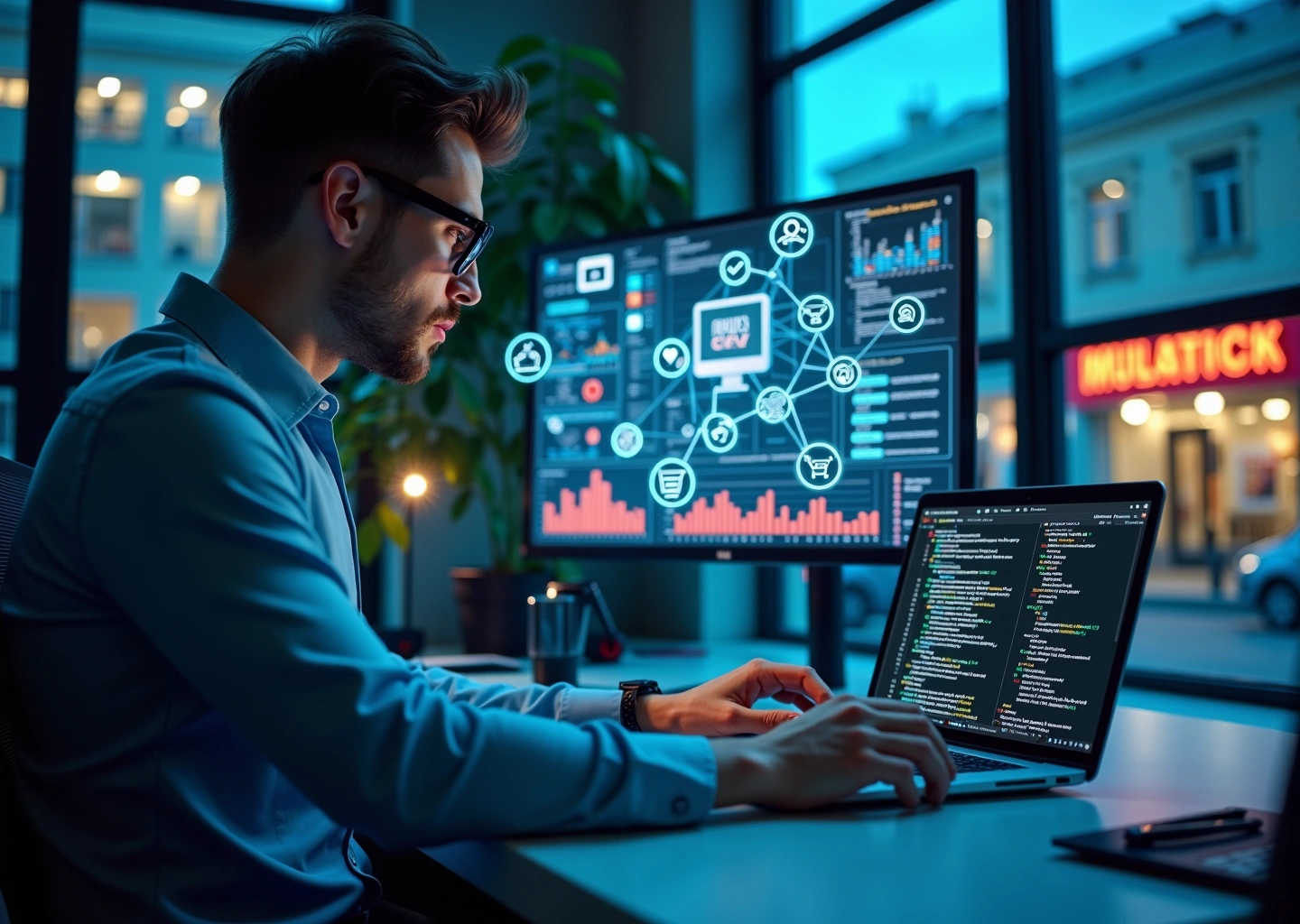 Маркетолог у монитора с визуализацией кластеров ключевых слов и нейросетевых эмбеддингов, графики SEO‑метрик и экран с кодом