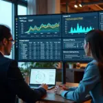 Команда аналитиков у монитора с дашбордом A/B‑тестов и подсказками AI для генерации гипотез