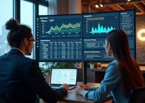 Команда аналитиков у монитора с дашбордом A/B‑тестов и подсказками AI для генерации гипотез