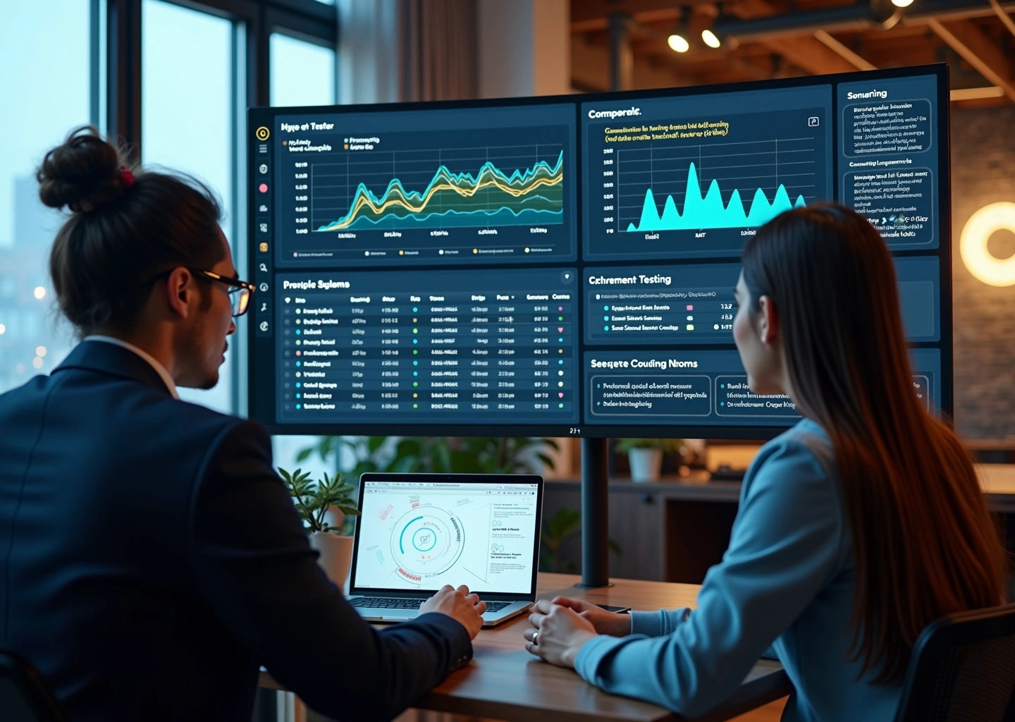 Команда аналитиков у монитора с дашбордом A/B‑тестов и подсказками AI для генерации гипотез