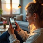 Пользовательница делает фото товара на смартфон; поверх изображения показаны визуальные эмбеддинги и результаты поиска товаров — иллюстрация визуального поиска для интернет‑магазина.