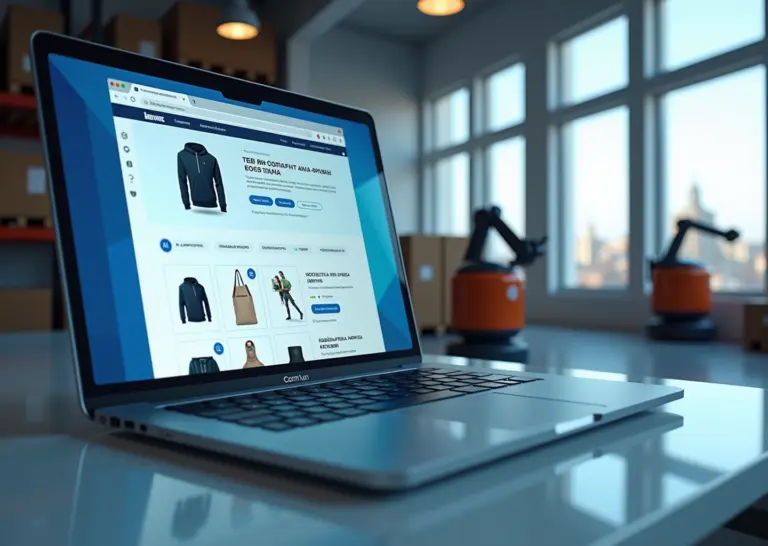 Фотография: рабочая сцена интернет‑магазина с экраном каталога, AI‑панелью и роботизированным складом на заднем плане