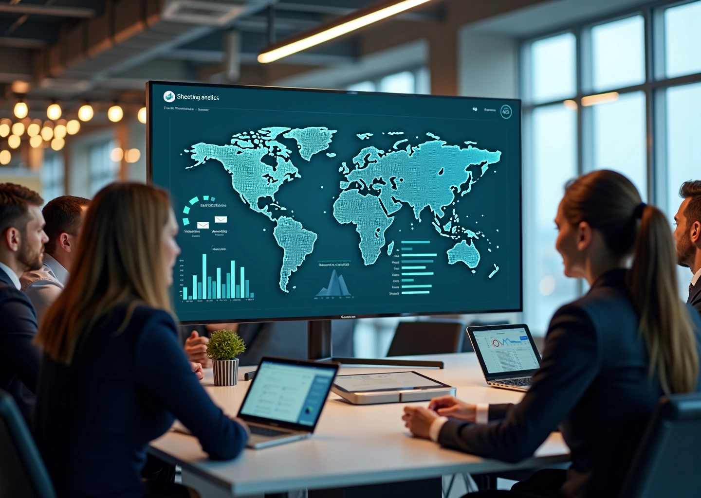 Команда маркетинга у экрана с дашбордом лидов и визуализацией AI‑модели