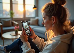 Пользовательница делает фото товара на смартфон; поверх изображения показаны визуальные эмбеддинги и результаты поиска товаров — иллюстрация визуального поиска для интернет‑магазина.