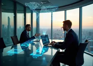 Команда B2B продаж в современном офисе с экранами CRM, прогнозными скорингами лидов и визуализациями нейросети