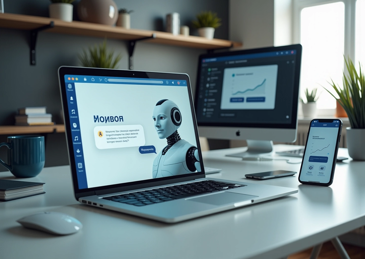 Офис интернет‑магазина с ноутбуком, показывающим чат‑бот на русском языке, смартфоном с сообщениями и графиком экономии времени и денег