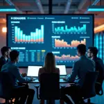 Команда инженеров перед монитором с дашбордом динамических цен и цифровыми ценниками, демонстрирующая AI‑систему ценообразования для интернет‑продаж