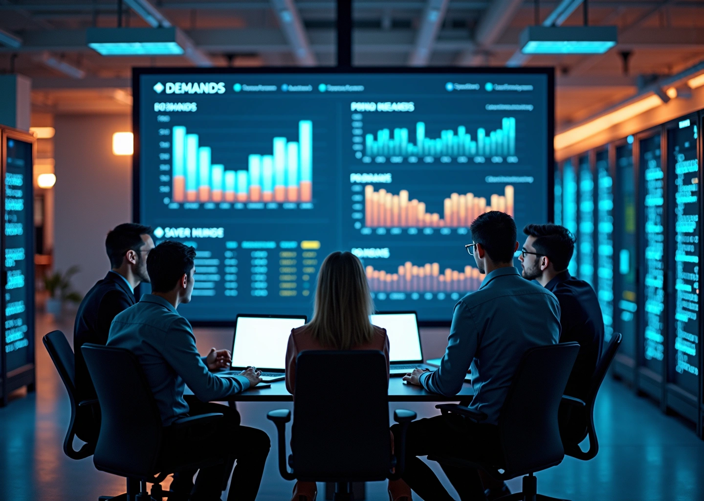 Команда инженеров перед монитором с дашбордом динамических цен и цифровыми ценниками, демонстрирующая AI‑систему ценообразования для интернет‑продаж