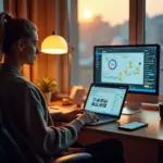 Фрилансер за ноутбуком дома с экраном аналитики и открытым чат‑ботом, отражающим использование AI для онлайн‑продаж