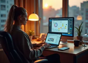 Фрилансер за ноутбуком дома с экраном аналитики и открытым чат‑ботом, отражающим использование AI для онлайн‑продаж