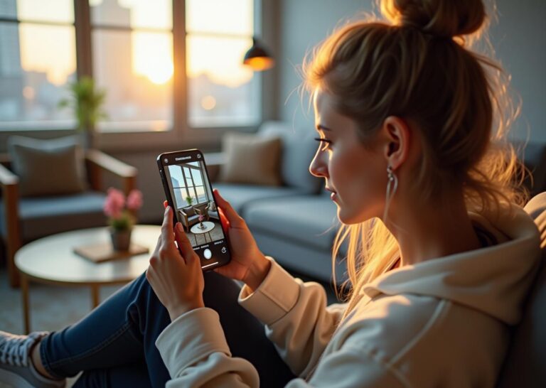 Пользовательница делает фото товара на смартфон; поверх изображения показаны визуальные эмбеддинги и результаты поиска товаров — иллюстрация визуального поиска для интернет‑магазина.