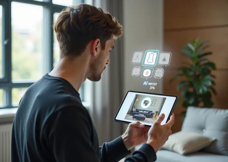 Покупатель смотрит через смартфон на AR‑модель мебели в комнате; на экране видна AI‑рекомендация товара.