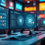 Офис с мониторами, показывающими модульную архитектуру e‑commerce и визуализацию AI‑нейросети, рядом смартфон с персонализированным предложением