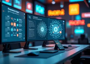 Офис с мониторами, показывающими модульную архитектуру e‑commerce и визуализацию AI‑нейросети, рядом смартфон с персонализированным предложением