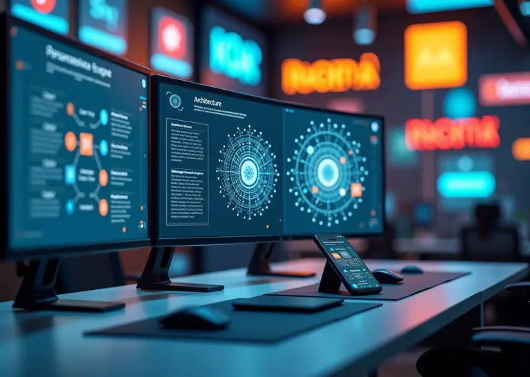 Офис с мониторами, показывающими модульную архитектуру e‑commerce и визуализацию AI‑нейросети, рядом смартфон с персонализированным предложением