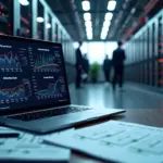 Команда инженеров в офисе с ноутбуками и диаграммами на фоне стоек серверов и индикаторов загрузки GPU, иллюстрирующая выбор хостинга и серверов для AI‑приложений