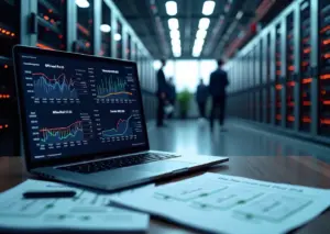 Команда инженеров в офисе с ноутбуками и диаграммами на фоне стоек серверов и индикаторов загрузки GPU, иллюстрирующая выбор хостинга и серверов для AI‑приложений