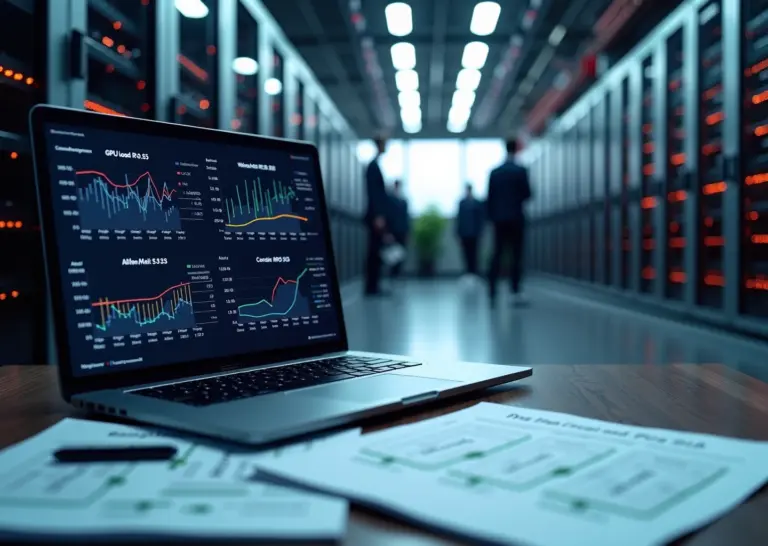 Команда инженеров в офисе с ноутбуками и диаграммами на фоне стоек серверов и индикаторов загрузки GPU, иллюстрирующая выбор хостинга и серверов для AI‑приложений