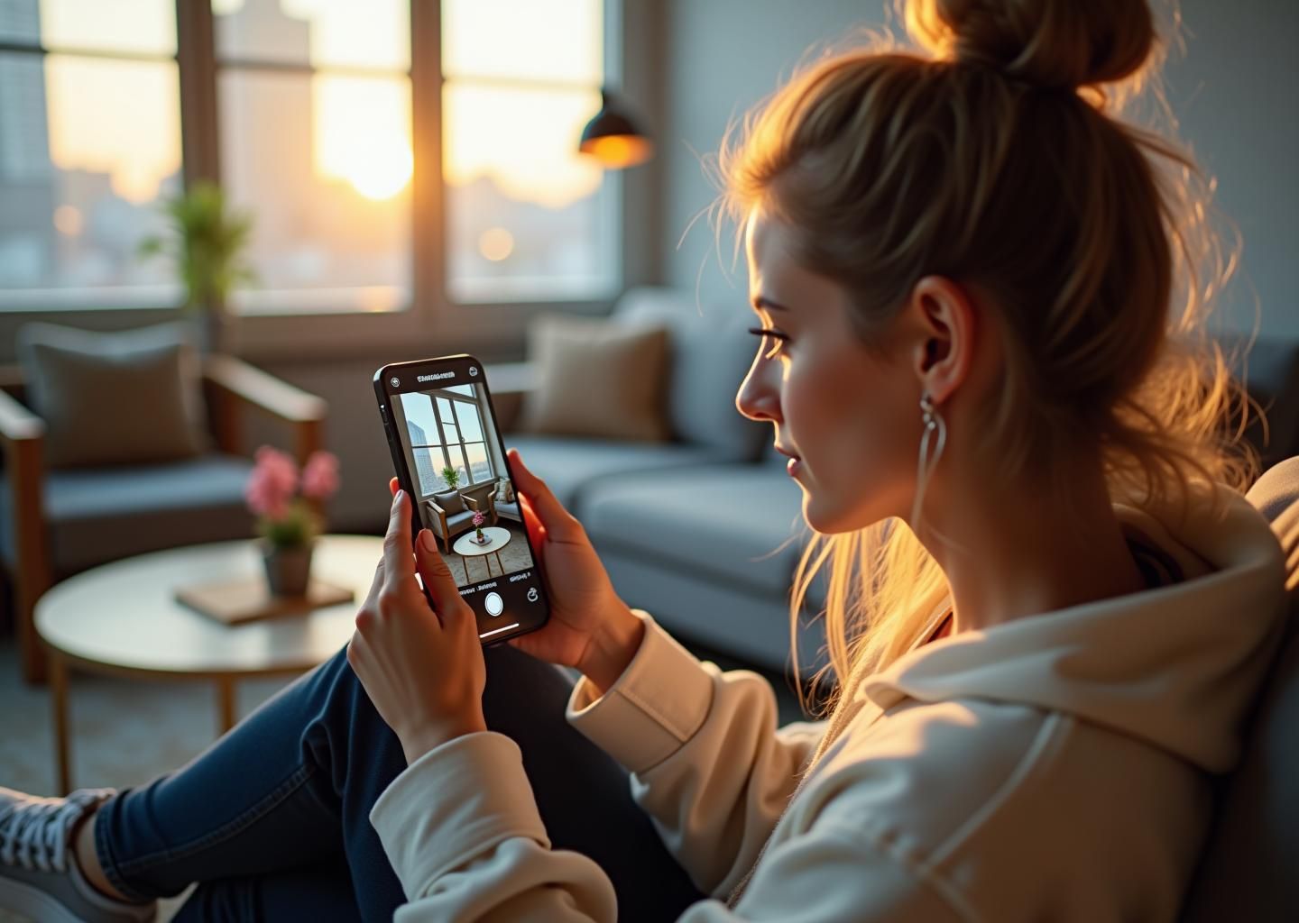 Пользовательница делает фото товара на смартфон; поверх изображения показаны визуальные эмбеддинги и результаты поиска товаров — иллюстрация визуального поиска для интернет‑магазина.