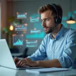 Менеджер по продажам с ноутбуком и гарнитурой, на экране транскрипт звонка, теги намерений и карточки CRM, современный офис