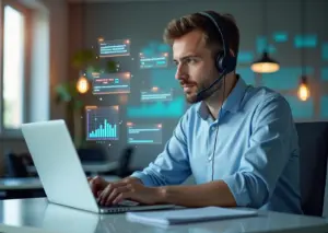 Менеджер по продажам с ноутбуком и гарнитурой, на экране транскрипт звонка, теги намерений и карточки CRM, современный офис
