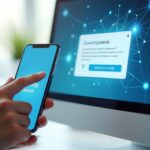 На экране компьютера и смартфона показывается ненавязчивое AI‑pop‑up предложение на русском языке, пользователь улыбается, вокруг тонкая графика нейросети и иконки корзины и аналитики