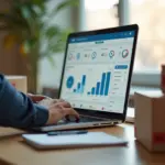 Владелец малого интернет‑магазина у ноутбука с панелью AI‑аналитики, рядом посылки и карточки товаров